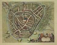 210005 Plattegrond van de stad Amersfoort; met weergave van percelen, het stratenplan met straatnamen, bebouwing en ...
